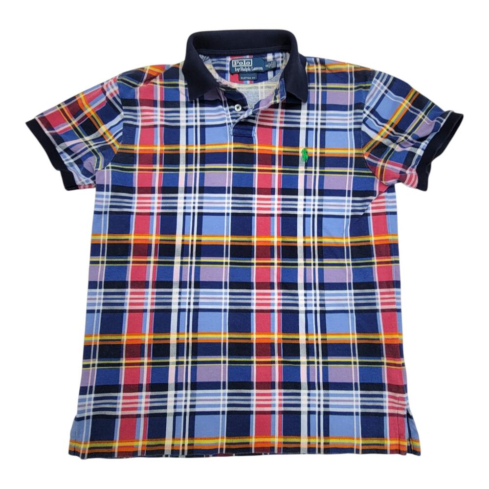 Polo Ralph Lauren Mens Small Blue Plaid Madras Custom Fit Pique Polo Shirt